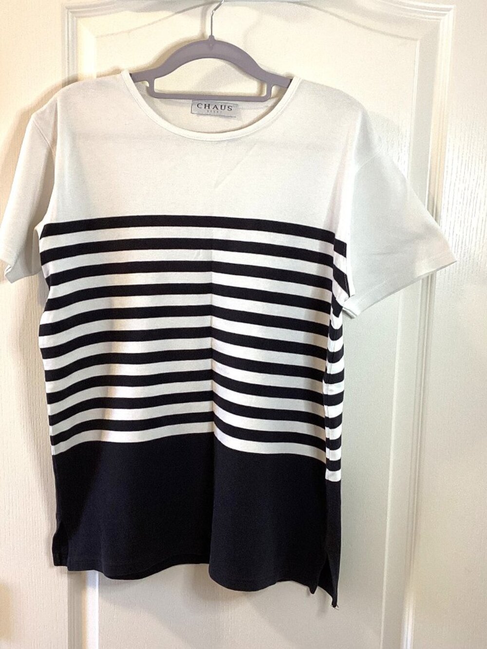 Chaus Sport Women's T-Shirt Short Sleeve Top Casual Classic Black White Strips